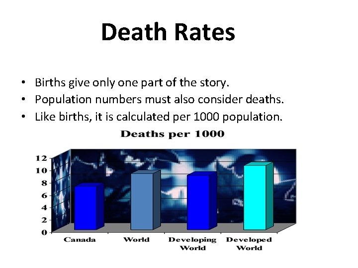 Death Rates • Births give only one part of the story. • Population numbers