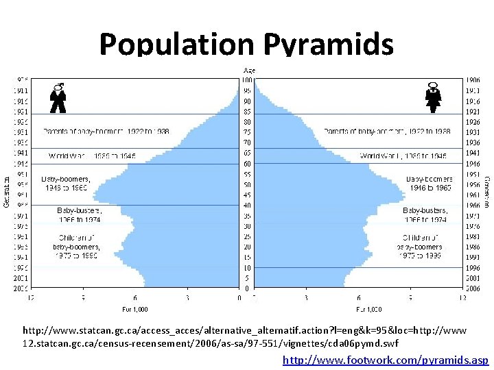 Population Pyramids • One of the most useful ways of showing population structure is
