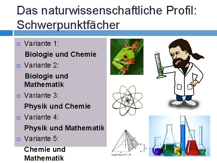 Das naturwissenschaftliche Profil: Schwerpunktfächer Variante 1: Biologie und Chemie Variante 2: Biologie und Mathematik