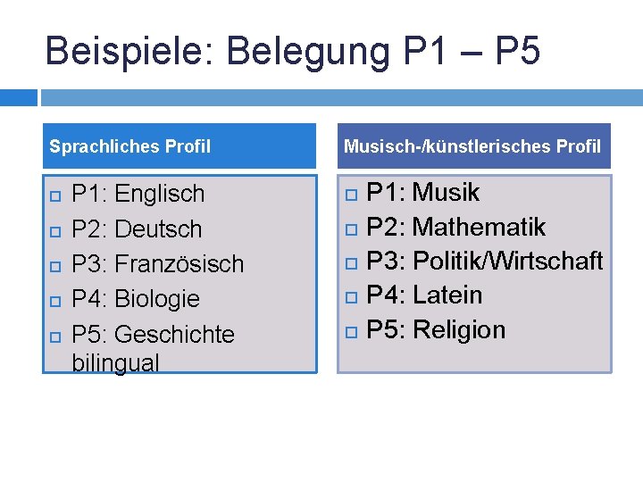 Beispiele: Belegung P 1 – P 5 Sprachliches Profil P 1: Englisch P 2: