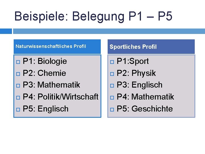 Beispiele: Belegung P 1 – P 5 Naturwissenschaftliches Profil P 1: Biologie P 2: