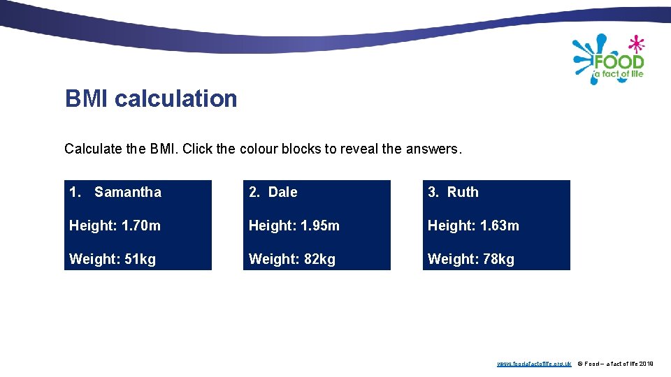 BMI calculation Calculate the BMI. Click the colour blocks to reveal the answers. 1.