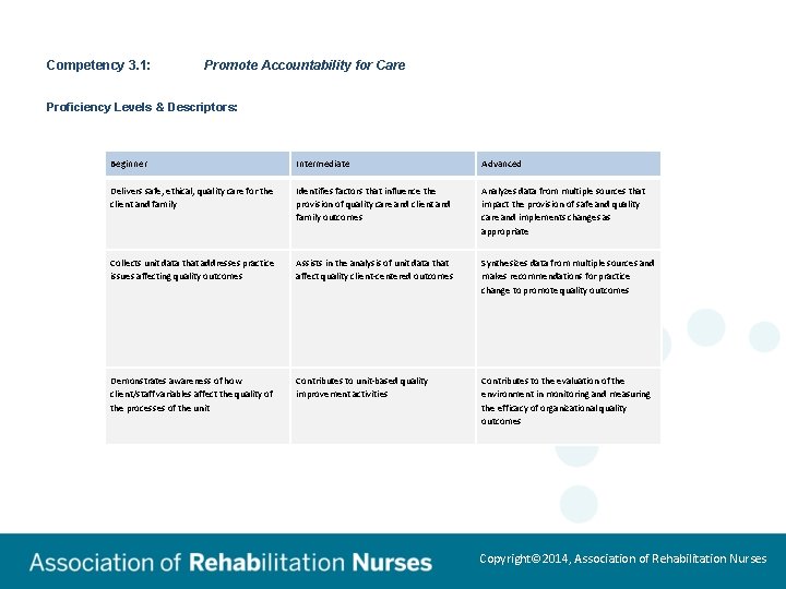 Competency 3. 1: Promote Accountability for Care Proficiency Levels & Descriptors: Beginner Intermediate Advanced