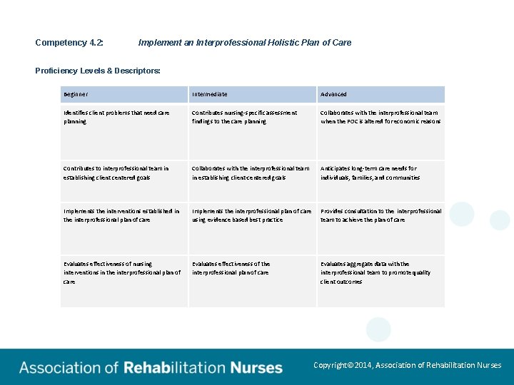 Competency 4. 2: Implement an Interprofessional Holistic Plan of Care Proficiency Levels & Descriptors: