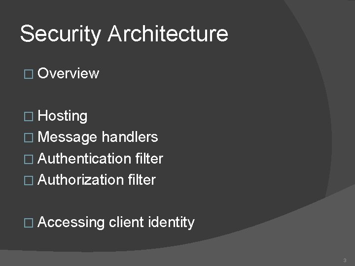 Security Architecture � Overview � Hosting � Message handlers � Authentication filter � Authorization