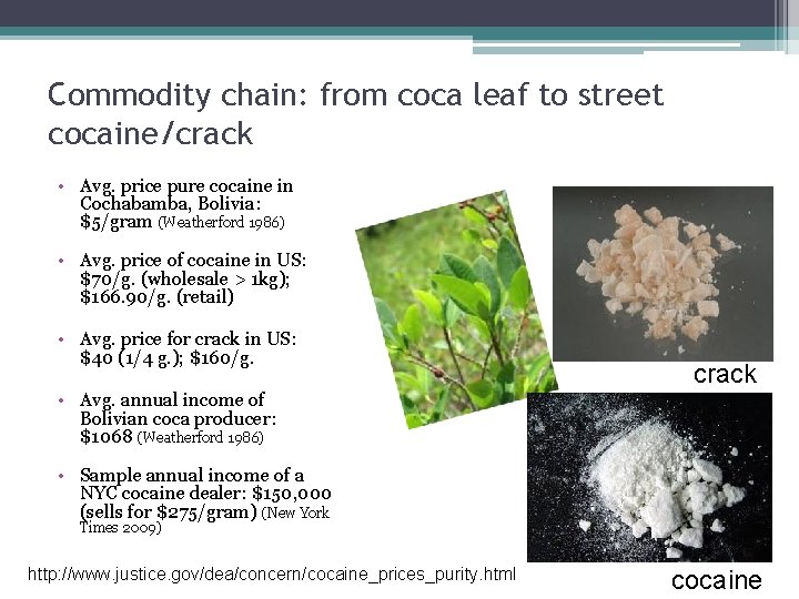 Commodity chain: from coca leaf to street cocaine/crack • Avg. price pure cocaine in