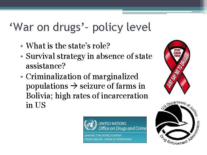 ‘War on drugs’– policy level • What is the state’s role? • Survival strategy