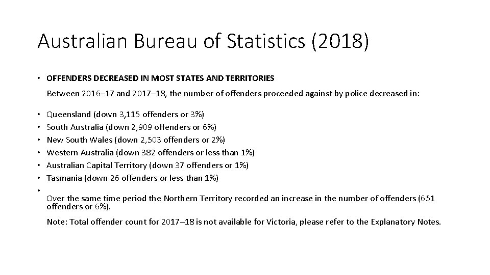 Australian Bureau of Statistics (2018) • OFFENDERS DECREASED IN MOST STATES AND TERRITORIES Between