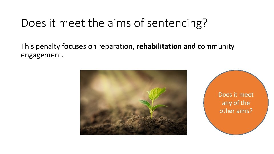 Does it meet the aims of sentencing? This penalty focuses on reparation, rehabilitation and