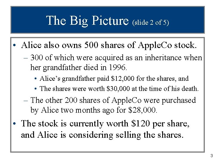 The Big Picture (slide 2 of 5) • Alice also owns 500 shares of