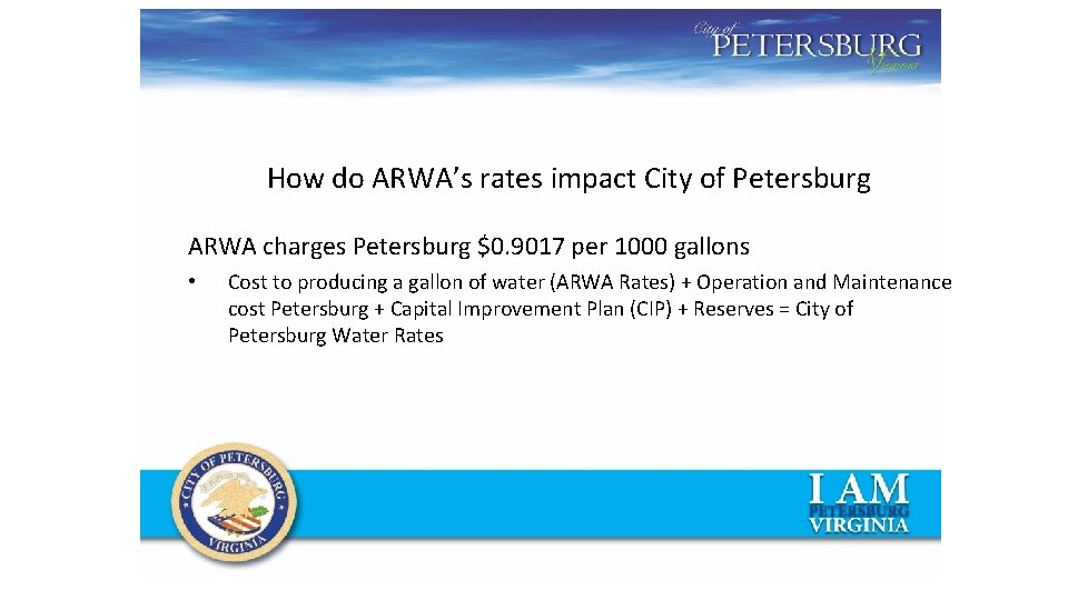 How do ARWA’s rates impact City of Petersburg ARWA charges Petersburg $0. 9017 per