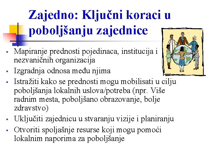 Zajedno: Ključni koraci u poboljšanju zajednice Mapiranje prednosti pojedinaca, institucija i nezvaničnih organizacija Izgradnja