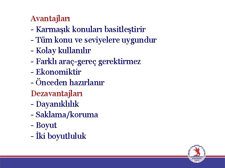 Avantajları - Karmaşık konuları basitleştirir - Tüm konu ve seviyelere uygundur - Kolay kullanılır