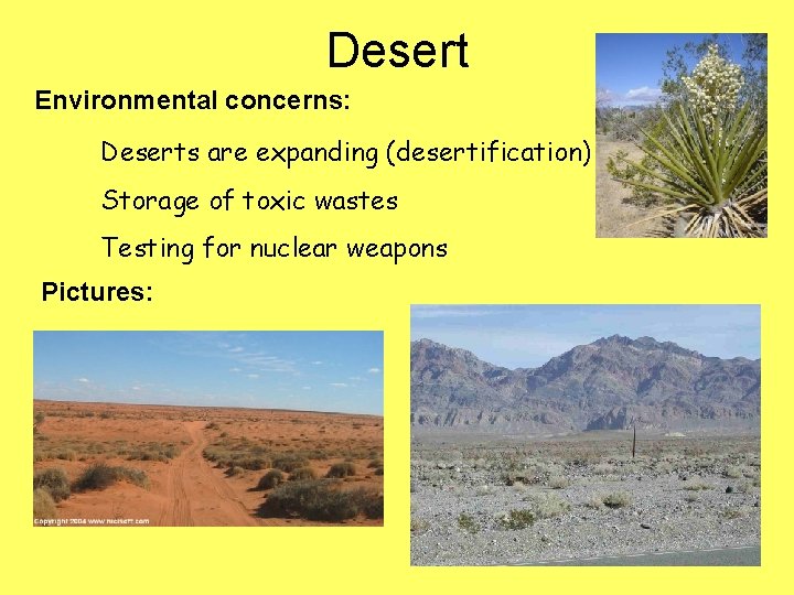 Desert Environmental concerns: Deserts are expanding (desertification) Storage of toxic wastes Testing for nuclear