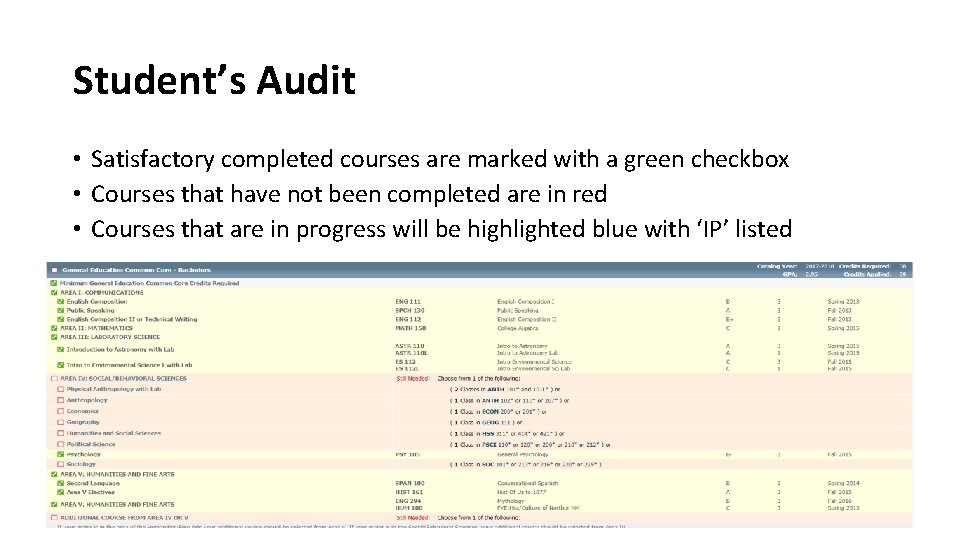 Student’s Audit • Satisfactory completed courses are marked with a green checkbox • Courses