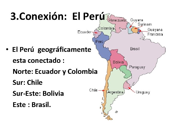 3. Conexión: El Perú • El Perú geográficamente esta conectado : Norte: Ecuador y