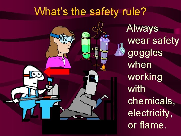 What’s the safety rule? Always wear safety goggles when working with chemicals, electricity, or