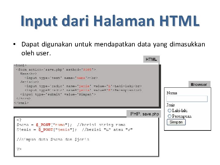 Input dari Halaman HTML • Dapat digunakan untuk mendapatkan data yang dimasukkan oleh user.