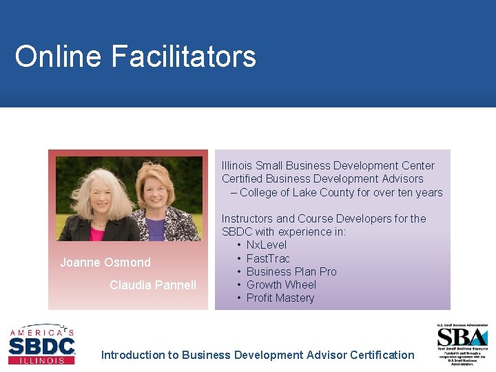 Online Facilitators Illinois Small Business Development Center Certified Business Development Advisors – College of