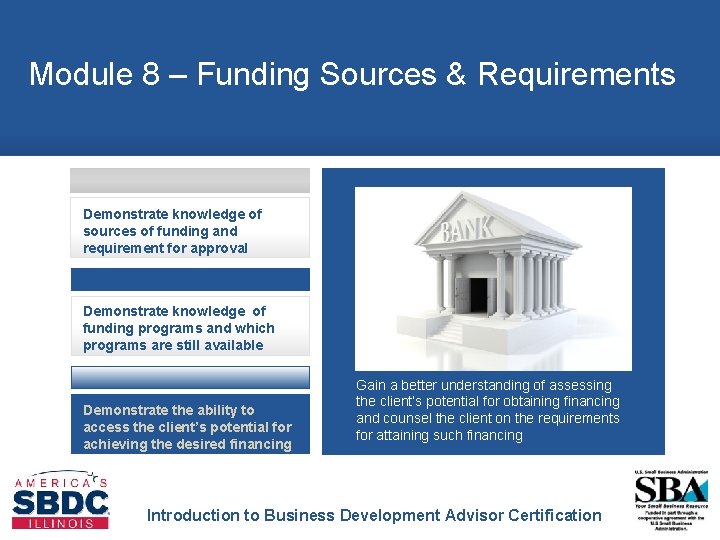 Module 8 – Funding Sources & Requirements Demonstrate knowledge of sources of funding and