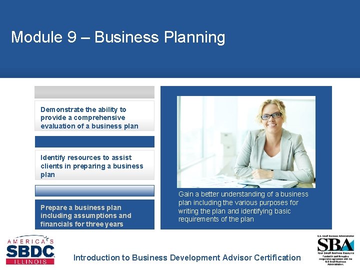 Module 9 – Business Planning Demonstrate the ability to provide a comprehensive evaluation of