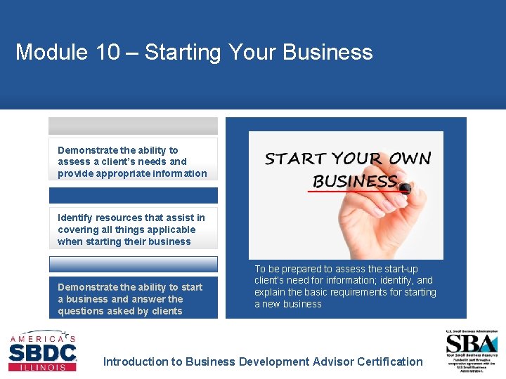 Module 10 – Starting Your Business Demonstrate the ability to assess a client’s needs