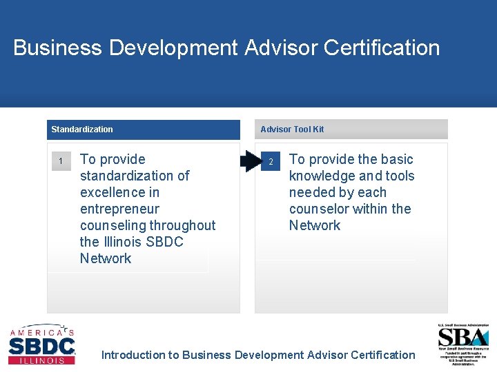 Business Development Advisor Certification Standardization 1 To provide standardization of excellence in entrepreneur counseling