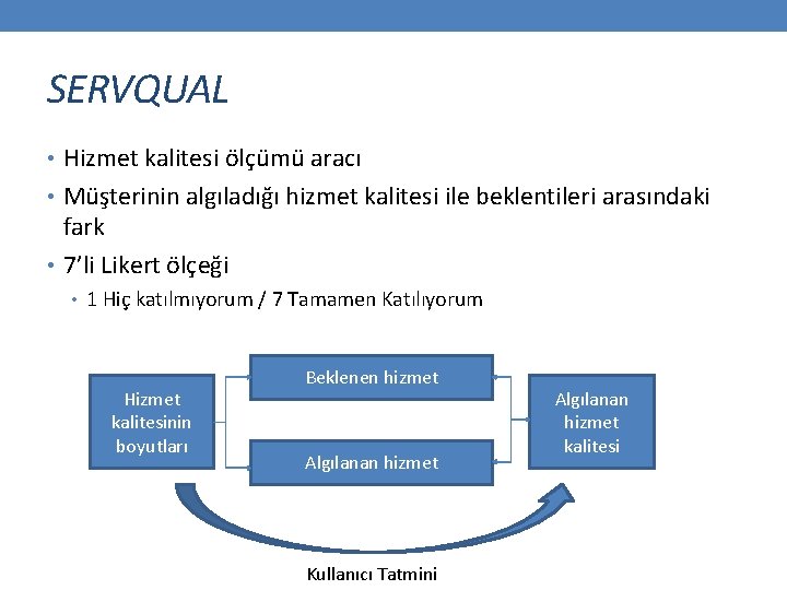 SERVQUAL • Hizmet kalitesi ölçümü aracı • Müşterinin algıladığı hizmet kalitesi ile beklentileri arasındaki