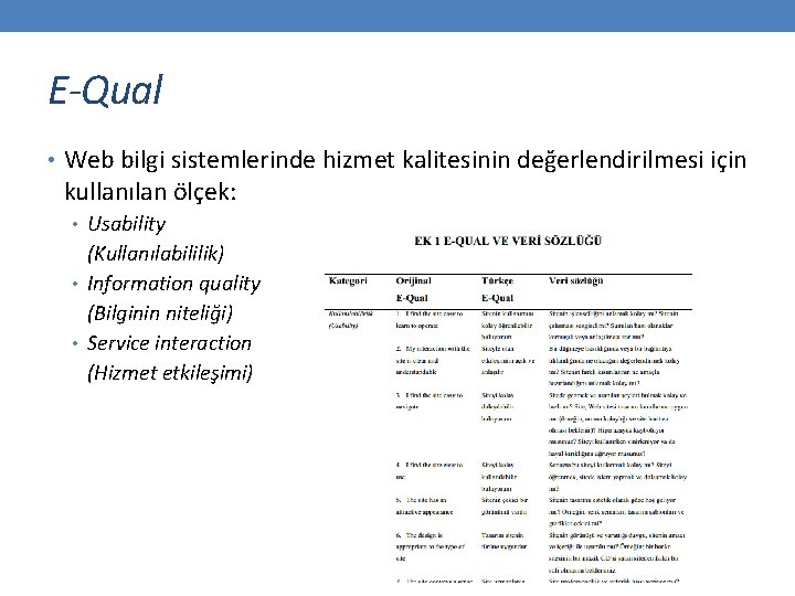 E-Qual • Web bilgi sistemlerinde hizmet kalitesinin değerlendirilmesi için kullanılan ölçek: • Usability (Kullanılabililik)