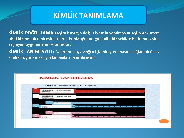 KİMLİK TANIMLAMA KİMLİK DOĞRULAMA: Doğru hastaya doğru işlemin yapılmasını sağlamak üzere tıbbi hizmet alan