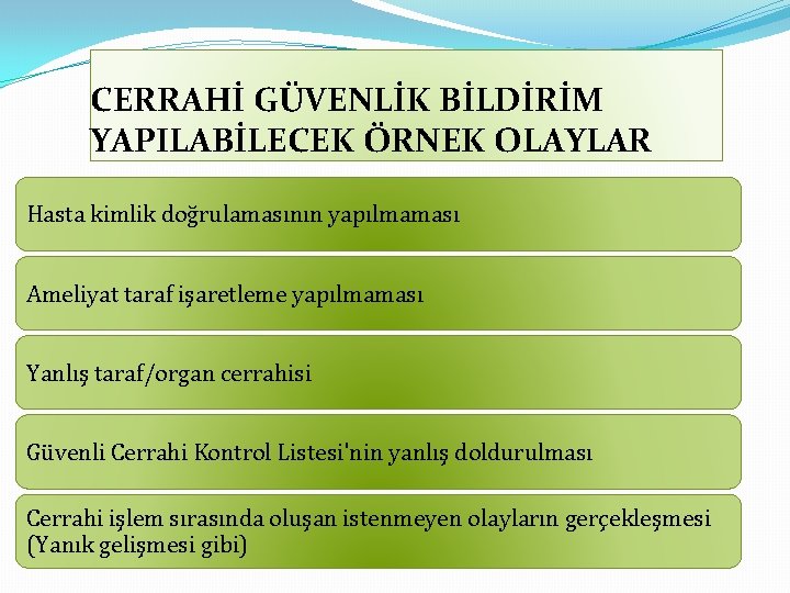 CERRAHİ GÜVENLİK BİLDİRİM YAPILABİLECEK ÖRNEK OLAYLAR Hasta kimlik doğrulamasının yapılmaması Ameliyat taraf işaretleme yapılmaması