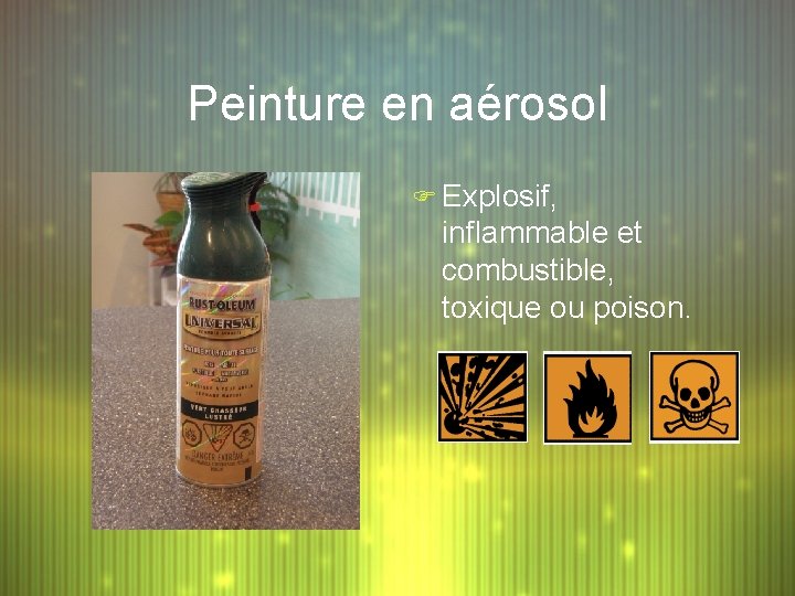 Peinture en aérosol F Explosif, inflammable et combustible, toxique ou poison. 