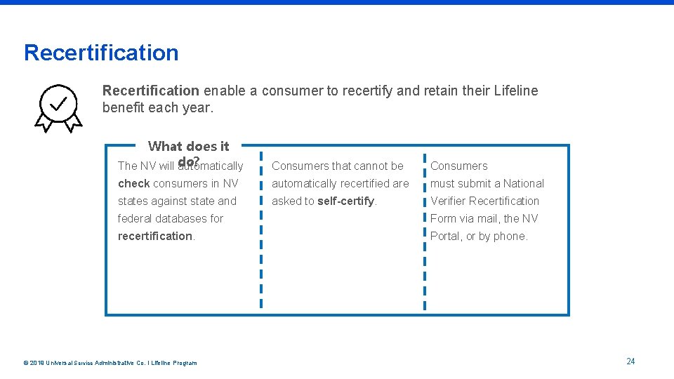 Recertification enable a consumer to recertify and retain their Lifeline benefit each year. What