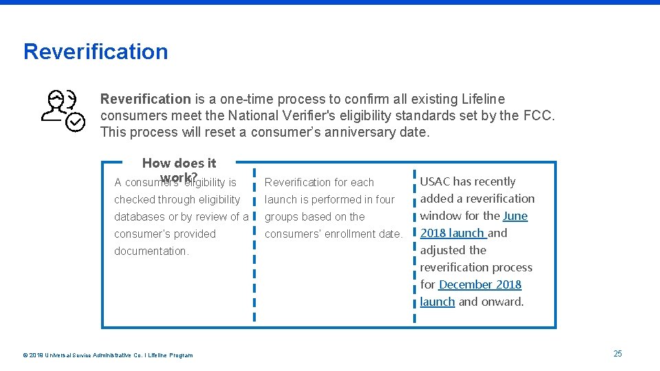Reverification is a one-time process to confirm all existing Lifeline consumers meet the National