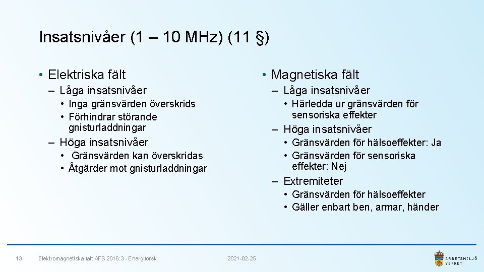 Insatsnivåer (1 – 10 MHz) (11 §) • Elektriska fält • Magnetiska fält ‒