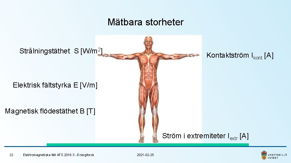 Mätbara storheter Strålningstäthet S [W/m 2] Kontaktström Ikont [A] Elektrisk fältstyrka E [V/m] Magnetisk