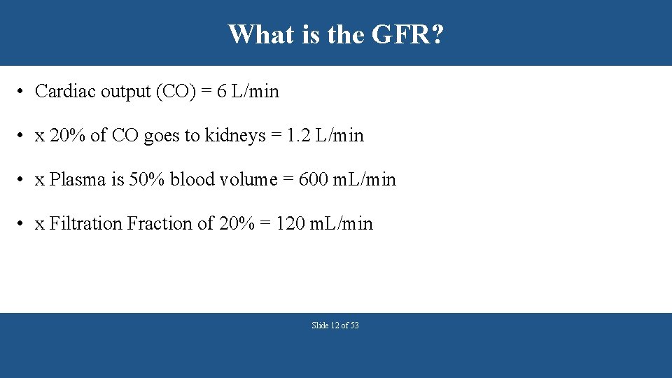 What is the GFR? • Cardiac output (CO) = 6 L/min • x 20%