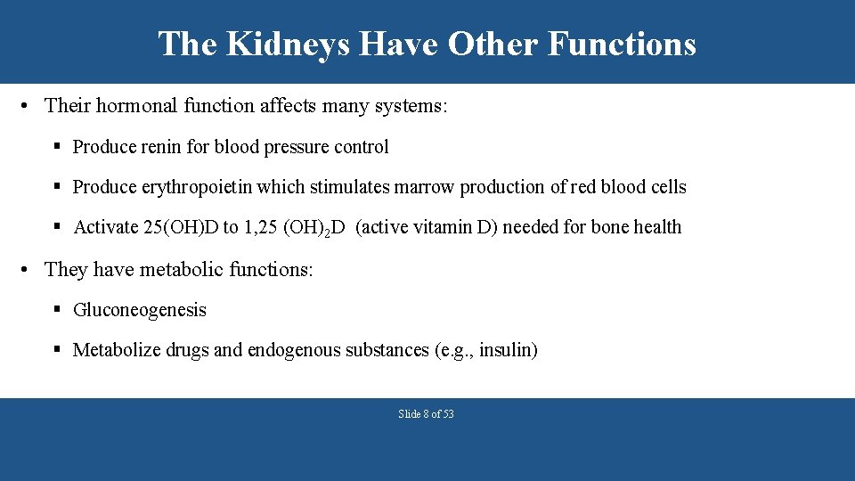 The Kidneys Have Other Functions • Their hormonal function affects many systems: § Produce