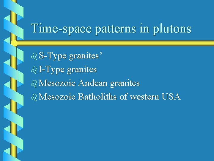 Time-space patterns in plutons b S-Type granites’ b I-Type granites b Mesozoic Andean granites
