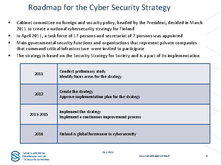 Roadmap for the Cyber Security Strategy § § Cabinet committee on foreign and security