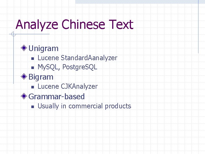 Analyze Chinese Text Unigram n n Lucene Standard. Aanalyzer My. SQL, Postgre. SQL Bigram