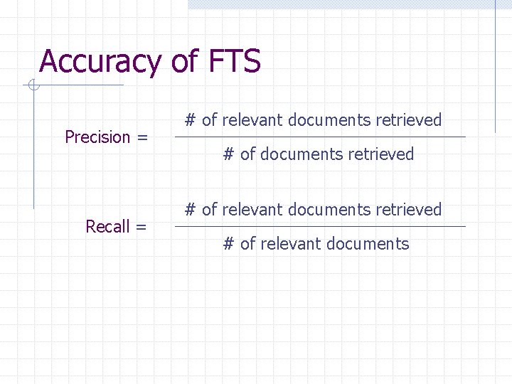 Accuracy of FTS Precision = Recall = # of relevant documents retrieved # of