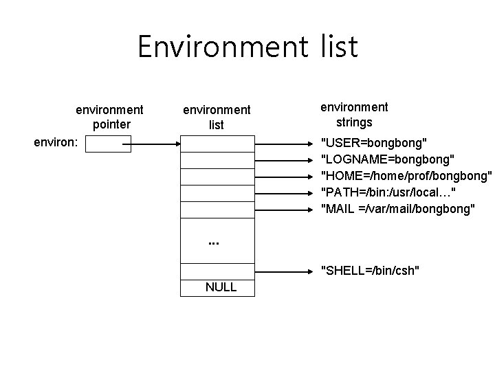 Environment list environment pointer environ: environment list environment strings "USER=bong" "LOGNAME=bong" "HOME=/home/prof/bong" "PATH=/bin: /usr/local…" Environment list environment pointer environ: environment list environment strings "USER=bong" "LOGNAME=bong" "HOME=/home/prof/bong" "PATH=/bin: /usr/local…"