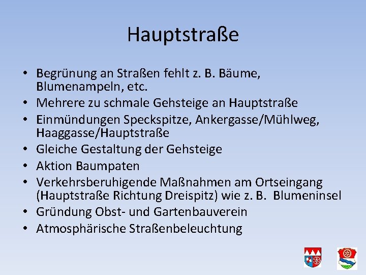 Hauptstraße • Begrünung an Straßen fehlt z. B. Bäume, Blumenampeln, etc. • Mehrere zu