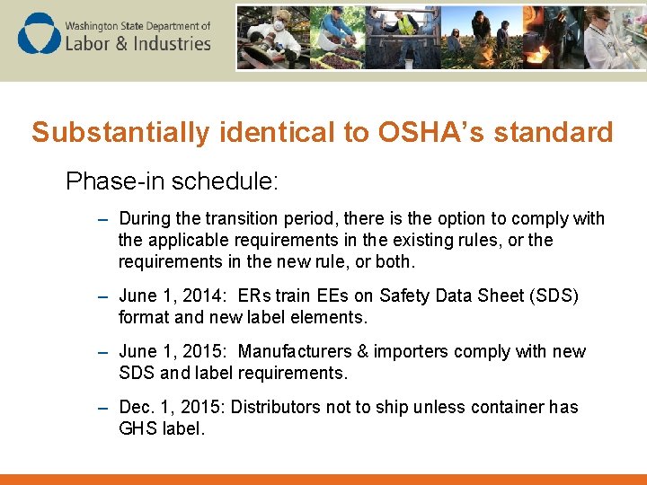 Substantially identical to OSHA’s standard Phase-in schedule: – During the transition period, there is