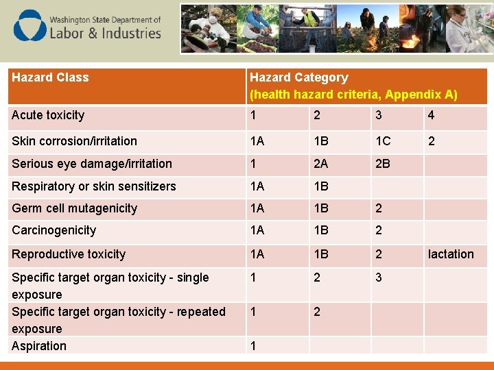 Hazard Class Hazard Category (health hazard criteria, Appendix A) Acute toxicity 1 2 3