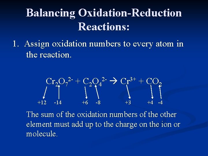 Balancing Oxidation-Reduction Reactions: 1. Assign oxidation numbers to every atom in the reaction. Cr
