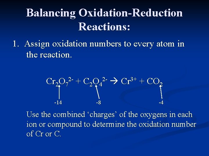 Balancing Oxidation-Reduction Reactions: 1. Assign oxidation numbers to every atom in the reaction. Cr