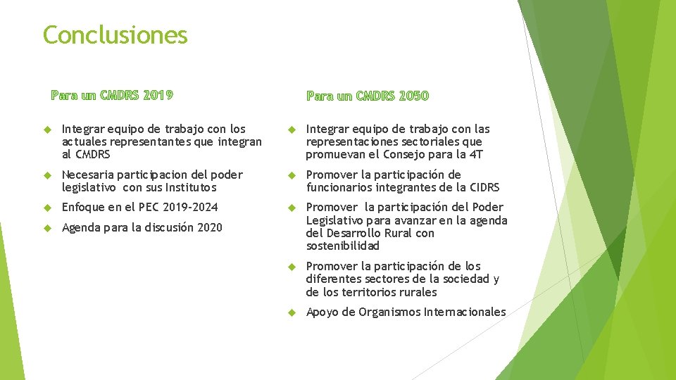 Conclusiones Para un CMDRS 2019 Para un CMDRS 2050 Integrar equipo de trabajo con