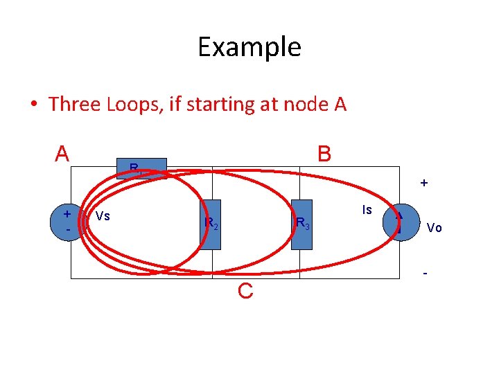 Example • Three Loops, if starting at node A A + - B R